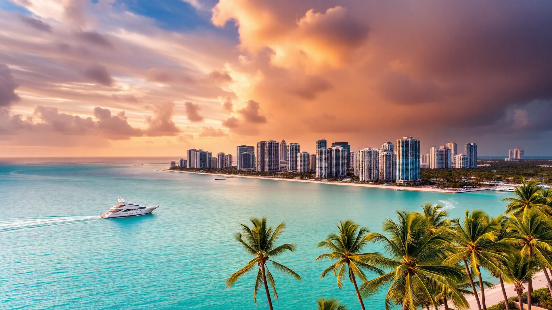 Miami skyline y yate al atardecer